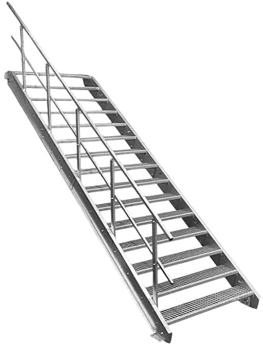 15 Stufen Stahltreppe mit einseitigem Geländer/Breite 100cm Geschosshöhe 250-320cm / Robuste Außentreppe/Wangentreppe/Stabile Industrietreppe für den Außenbereich/Inklusive Zubehör
