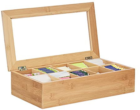 Relaxdays Scatola Porta Tè e Tisane, 10 Scomparti, Ampio, Stabile & Versatile, Salva-aroma, Contenitore Cucina, naturale