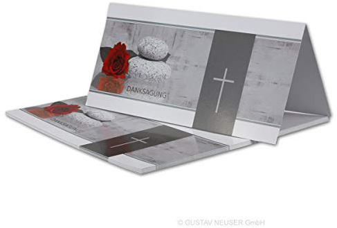15x Danksagungskarten Trauer DIN LANG - Doppelkarten aufklappbar - Trauerkarten mit Motiv Rose Stein Trauerkreuz mit DANKSAGUNGS Schriftzug - würdevolle Dankeskarte
