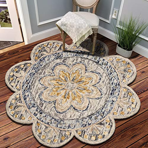 LR Home 6ft Round Indoor Wool Area Rug for Home Decor | Rugs for Living Room, Bedroom, Playroom, Entryway, Office | Hand Woven Modern Farmhouse Large Boho Area Rug for Room Decor | Gray/Beige