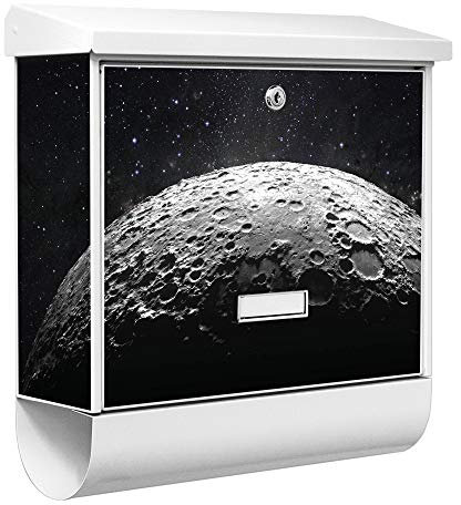 banjado® Burgwächter Briefkasten Weiß 38x39x12cm mit Motiv Mondlandschaft/Briefkasten mit Zeitungsfach/Briefkasten mit Zeitungsrolle/Postkasten inkl. Montagematerial & 2 Schlüsseln