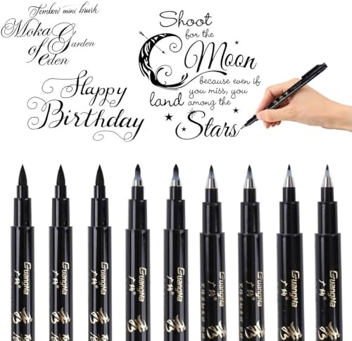 O-Kinee Kalligrafipennor - 9 stycken kalligrafi kulspetspennor svarta fiberpenna penselpenna - för bokstäver, nybörjardagbok, underskrift, märkning och ritning (4 storlekar)