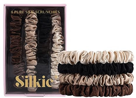 SILKIE 4er-Set 100% reine Maulbeerseide schwarze und braune dünne Haargummis mit Reisebeutel, Haargummis für jeden Tag, Haarpflege, Pferdeschwanzhalter, ohne Haarschäden (Chocolate)