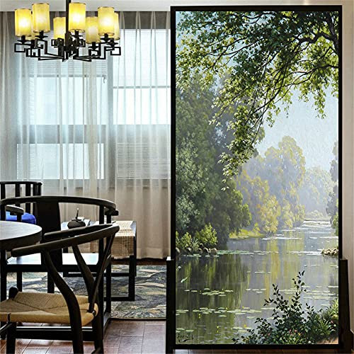 LXDWEI Pellicola Decorativa per Finestra, Privacy, Paesaggio Forest Creek, Pittura ad Olio, statica, Senza Colla, Satinata, Copertura per finestre