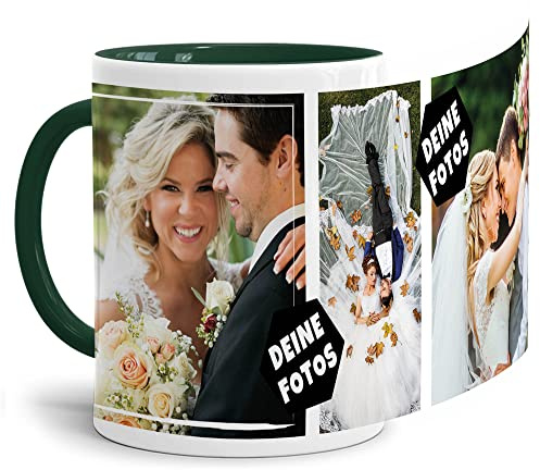 Foto-Tasse zum selbst gestalten mit Foto-Collage für 3 Wunschfotos - Geschenk für Familie, Freunde, Geburtstag, Weihnachten - Keramik Innen & Henkel Dunkelgrün, 300 ml I Personalisiert