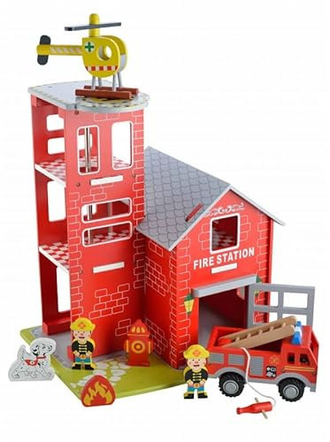 4IQ Group Feuerwehrstation Holz Set - Feuerwehr Spielzeug ab 3 Jahre - Feuerwache mit Feuerwehrauto und Zubehör