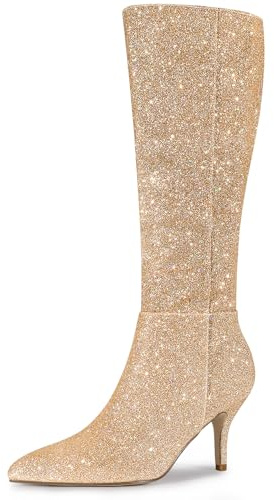 Allegra K Damen Glitzerstiefel mit spitzem Zehenbereich, Stiletto-Absatz, kniehohe Stiefel, Gold, 40.5 EU
