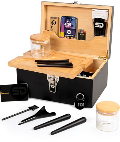 SafeDelux Large Bamboo Box with Combination Lock, Decorative Locking Box with Detachable Compartment, Rolling Tray, Smell Proof Jars, Mylar Bags - Great Holidays Gifts