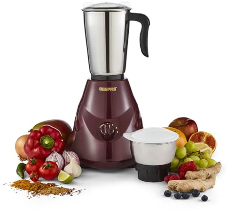 GEEPAS 550W 2-in-1 Mixer Grinder | Stainless Steel Jars & Blades | 3 Speed Control, Perfect for Chutney, Dry & Wet Fine Grinding Mixing | Overload Protection | Powerful Motor | 2 Year Warranty, Maroon