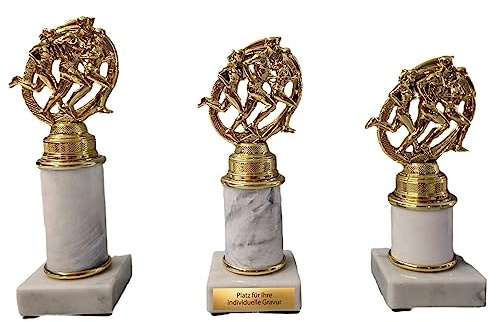 eberin · STADTLAUF Pokale · Laufsport Trophäe · Marathon Cup · Läufer*innen auf Säule/Marmor weiß · Leichtathletik Pokal in 3 Größen mit Wunschgravur · (Höhe: 15,5 cm)