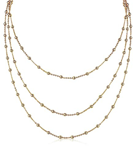 DJADEE Trio Shiny Kette Gold vergoldet Damen Wasserfeste Kette mit Goldperlen 3er Kette Länge verstellbar Halskette Frauen Mädchen Kugelkette