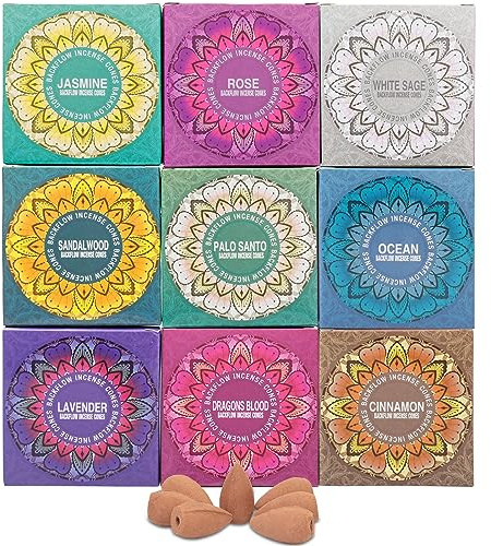 Set of 9 Backflow Incense Cones Gift Variety Pack - White Sage, Dragons Blood, Palo Santo, Jasmine, Lavender, Ocean, Sandalwood, Cinnamon, Rose for Waterfall Aromatic Smoke Fountain Haze Falls