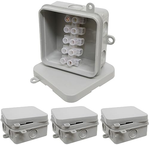 4x IP44 Junction Box with Push on Lid and 15A 5 Way Strip Connector for Electrical Wiring and Lighting - Indoor or Outdoor - 65mm