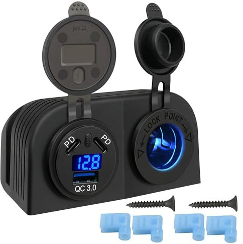 Giantdeer Zelt Typ 2PD+QC3.0 Auto-Ladebuchse, LED-Spannungsanzeige Steckdose Ladegerät Panel mit Schlüsselschalter, 3 in 1 USB-Buchse für 12-24V Auto, Boot, Buggy, Strand Auto