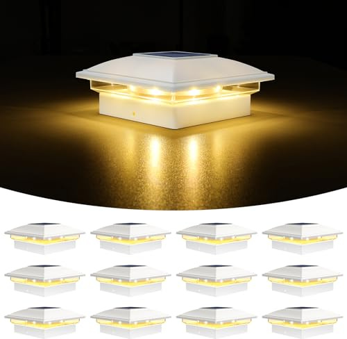 VOLISUN Solar Post Cap Light Outdoor Waterproof 12pack,Solar Fence - Post Lights for 4x4 5x5 6x6 Wooden/Vinyl Post,White Deck Cap Light Solar Powered with Warm White for Garden/Patio/Porch