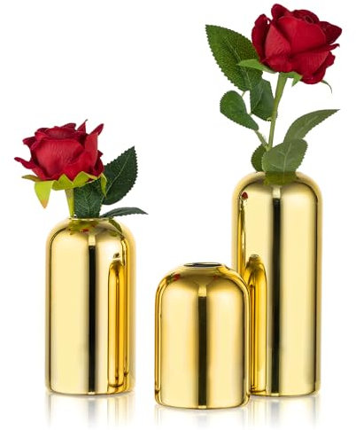 NUPTIO Glas Vase Klein Gold: Set von 3 Blumenvase Glasvase Goldene Hochzeit Tischdeko Lose Vasen für Geburtstag Party Dekorationen