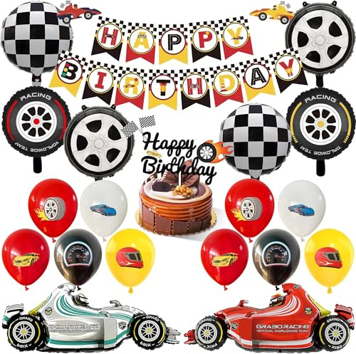 Race Car Birthday Party Decorations - 20 Pcs Racing Balloons Including Banner Cake Topper Motorcycle Foil Balloons for Boy Let's Go Racing Themed Party Supplies