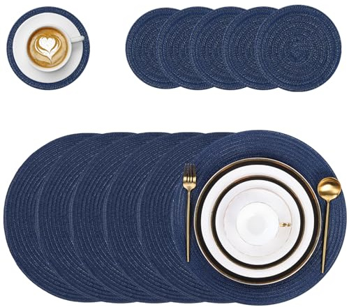 Pauwer, Set di 6 tovagliette rotonde e sottobicchieri, antiscivolo e lavabili, tovagliette e sottobicchieri resistenti al calore, decorazione da tavolo per hotel, matrimonio, festa di Natale, blu navy