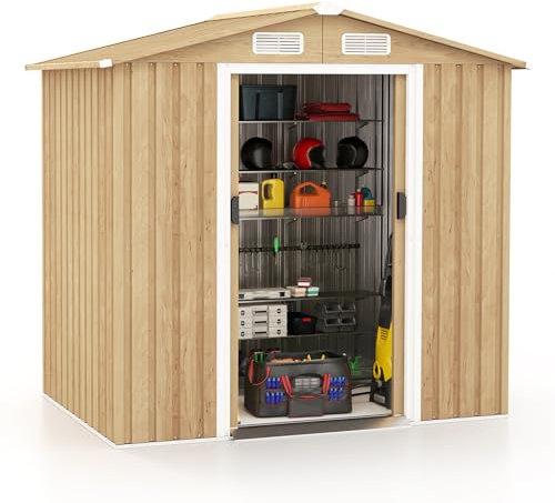 COSTWAY Casetas Metalicas de Jardin, Cobertizo Jardin Exterior, Casa de Herramientas de Metal Galvanizado con 4 Ventilaciones, Puertas con Cerradura (196 x 129 x 186 cm)