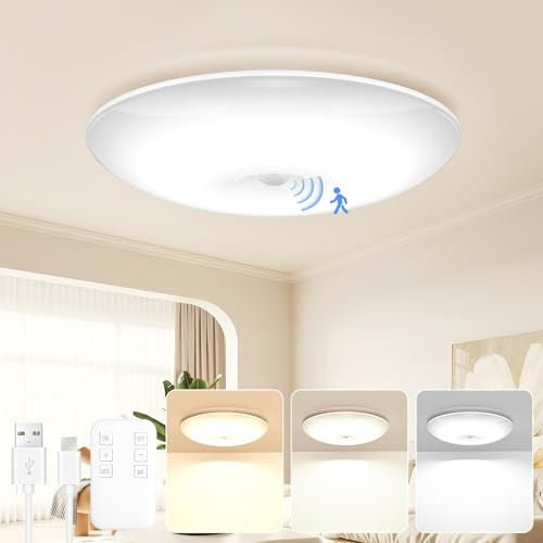 Akku Deckenleuchte mit Bewegungsmelder Innen, USB Aufladbar Akku Deckenleuchte LED Batterie Deckenlampe mit Bewegungsmelder, Kellerlampe LED Lampe Akku Leuchte für Badzimmer Garage Treppe Balkon