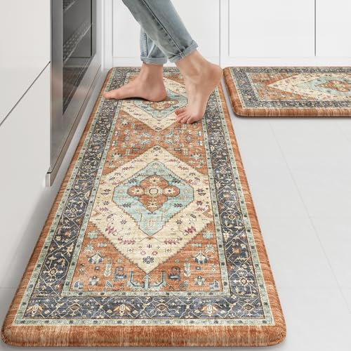 KIMODE Küchenmatte gegen Ermüdung, Boho-Orange, 2er-Set, gepolsterte Küchen-Bodenmatten, rutschfest, für Waschbecken, Wäsche, Schreibtisch, Zuhause, 43,2 x 119,4 cm + 43,2 x 73,7 cm