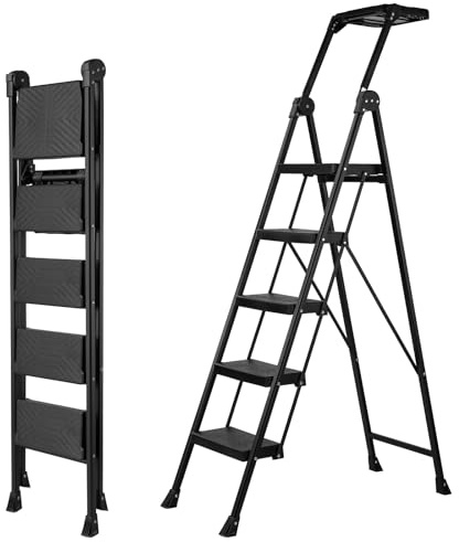 XinSunho 5 Step Ladder, Foldable Handrail & Tool Tray Stool Ladders with Anti-Slip Wide Pedal, 660 lbs Sturdy Steel Ladder for Home Kitchen and Outdoor