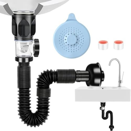Waschbecken Abflussrohr Set mit 2 Wasserfester Dichtungsbänder und Silikon-Ablaufabdeckung, Siphon Waschbecken für Bad und Küche mit Einziehbarem Flexiblem Abflussrohr, Geruchs- und Insektenschutz