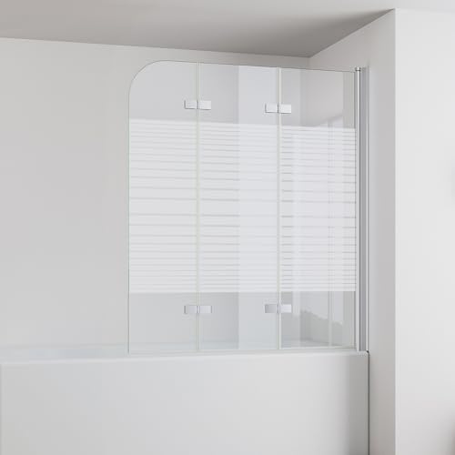 IMPTS 120x140cm Duschwand für Badewanne 3 teilig | Faltwand mit Streifen Milchglas, Duschtrennwand Faltbar Badewannenaufsatz Duschglaswand mit 6mm Nano Sicherheitsglas