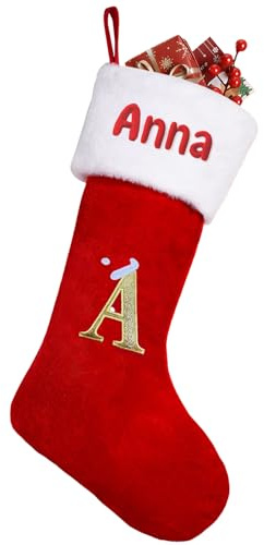 Personalised Christmas Stockings with Names-20 Inch Initial Christmas Stocking, Large Christmas Stockings Velvet Cuffs, Letter Stockings Christmas for Kids, Family,Party,Christmas Stockings Set of 1