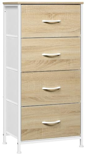WOLTU Kommode schmal, Kommodenschrank mit 4 Schubladen aus Stoff, Sideboard Aufbewahrungskommode für Schlafzimmer Wohnzimmer Flur, industrieller Stil, Helle Eiche + Weiß, SSK011whe