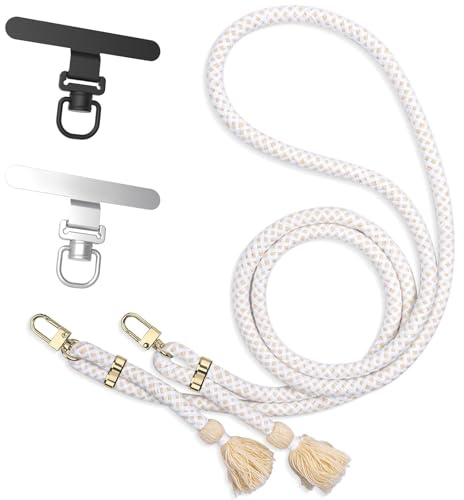 Yuiturt Handyschnur zum Umhängen, Handykette mit Quaste & 2 Adaptern | Weißgold Quaste Handykette für alle Smartphones. Inkl. 2 Abstandshalter. Sicher & stilvoll, einfach befestigen.