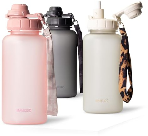 MAMEIDO Trinkflasche mit Strohhalm & Zeitmarkierung als Trinkerinnerung 1 l, Wasserflasche auslaufsicher, Sportflasche BPA-frei, Gym Water Bottle, Flasche aus Tritan (Flamingo Pink)