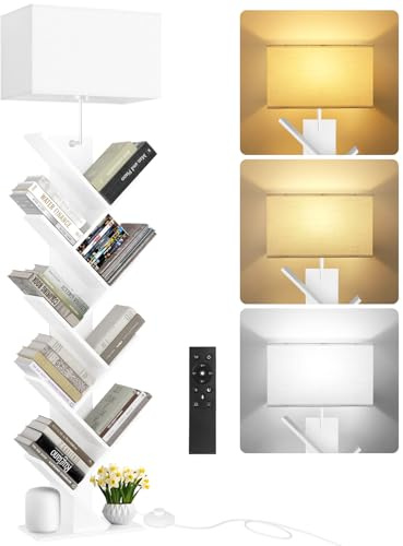OUTONLIFE Baum Bücherregal mit Licht, 9 Ebenen Eckregal，Fernbedienung & Timer, Schmales Standregal aus Holz, Kleines Regal für Bücher, CDs & DVDs, für Wohnzimmer, Kinderzimmer, Büro (Weiß)