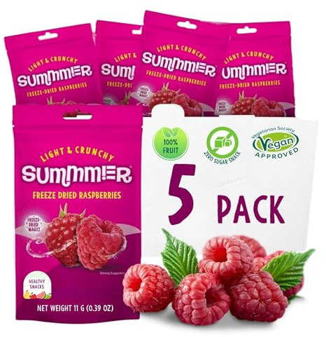 SUMMMER Lamponi Liofilizzati - Confezione da 5 - Deliziosi Snack di Frutta 100% Naturali, Croccanti e Sani, Senza Zuccheri Aggiunti, Perfetti come Spuntino da Portare con Sé o per Dolci, Frullati, Yog