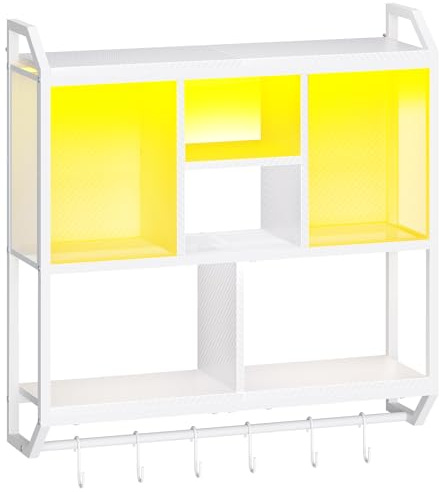 HOOBRO Vägghylla med LED-belysning, Flytande hylla, 4-skikts vertikal förvaring, Flytande displayställ med 6 krokar, för lekrum, kök, café, bistro, Vit EWT70DBJ01