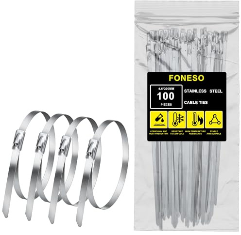 Stainless Steel Cable Ties, Foneso 100 Pcs 11.8 Inch Multi-Purpose Self-Locking Metal Zip Ties, Suitable for Exhaust Wrapping, Binding Cable, Automotive, Garden Repair and Fixed Fence