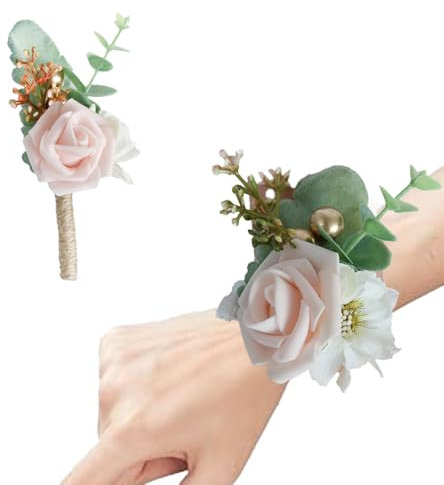 BrightGlow Rose Boutonniere Hochzeit Handgelenk Corsage Set Künstliche Rose Ansteckblume Braut Bräutigam Blumen Anstecker Hochzeitsbrosche Handgelenkblume Rosencorsage für Hochzeiten Rosa# 2 Stück