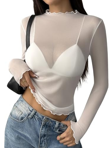 Zeagoo Maglietta Donna Trasparente Sexy Camicia Mesh Tops Manica Lunga Maglie in Rete Elegante Tulle con Collo Alto T-Shirt per Clubwear Party Bianco XS