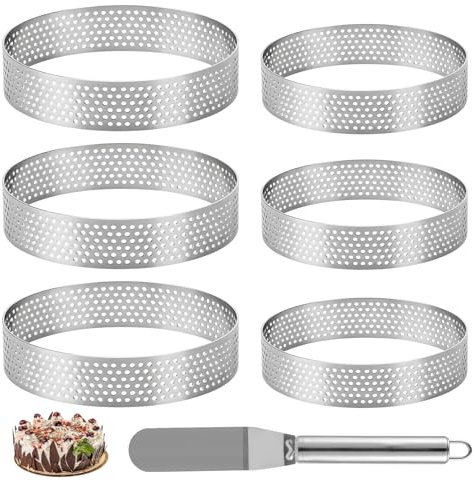 Liuliushun 6 Pz Anello per Torte, 8 cm/10 cm Stampi Coppa Pasta di Acciaio Inox, Set di Anelli per Torta Rotondo, Coppapasta Tondi, Anelli per Torte Dessert Quiche Mousse DIY, con 22 cm Spatola