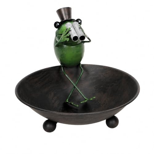 Posiwio Vogeltränke Metall mit Frosch, Grün, 26 x 22 x 18 cm | Gartendeko Schale mit Figur, Frosch mit Regenschirm & Fernglas, Wetterfestes Vogelbad, Für Garten, Terrasse & Balkon