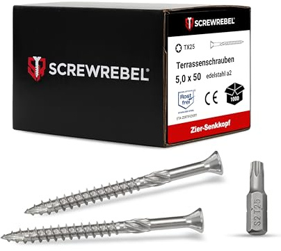 SCREW REBEL Terrassenschraube ST-FIX Edelstahl A2 5,0 x 50mm - 1.000 Stück inklusive 2 Stück S2-Bits, TX 25, Zier-Senkkopf, Schaftfräser, Sägezahn Gewindeschliff, Cutspitze, Dielenschraube gewachst