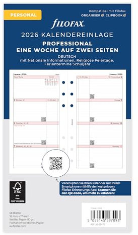 Filofax Kalender Personal Prof.1 Woche auf 2 Seiten (deutsch)2026