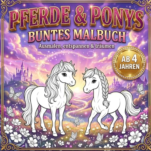 Pony & Pferde Buntes Malbuch für Kinder ab 5 Jahren – Entspannende Ausmalbilder zum Abschalten und Träumen: Nur Ponys und Pferde ausmalen – ... mit farbigem Hintergrund für kreative Pausen