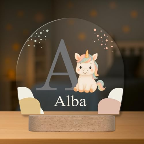 Lámpara Infantil Personalizada con Nombre e Inicial - Lámpara Quitamiedos con Luz LED - Regalo Original para Bebé, Bautizo, Cumpleaños (Unicornio)