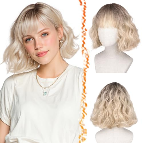 BARSDAR Ombre blond peruk med fransar, kort, vågig, fransk, bob, mörka rötter, för kvinnor, lockig, med naturlig lugg, syntetiskt hår, hår, slitage, cosplay