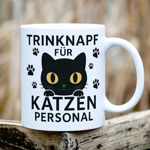 Kaffeetasse „Trinknapf für Katzenpersonal“ – Lustige Tasse mit schwarzer Katze – Geschenk für Katzenliebhaber & Katzenbesitzer – Becher mit Spruch