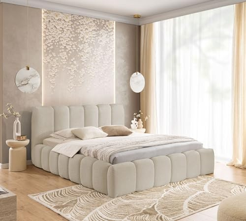 FURNISTAR Lit capitonné MIA avec tiroir de lit, lit 140x200, lit Bubble, lit double avec rangement et sommier à lattes, aspect boxspring, sans matelas, chambre - Beige