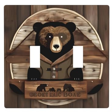 Poezjzw Placa decorativa para interruptor de luz con diseño de oso rústico, 2 bandas, cubierta de interruptor de palanca doble, 4.5 x 4.5 pulgadas