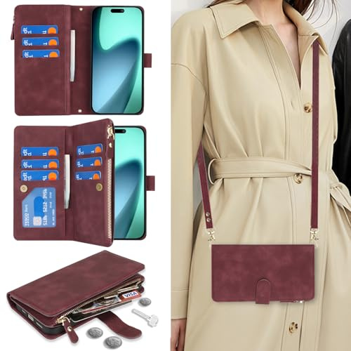 Cavor Phone Case Compatible with iPhone 17 Case With Card Holder With Strap,Flip Leather Wallet Case,[9 Card Holders][2 Lanyards],Crossbody Cover Phone Case for women - Red