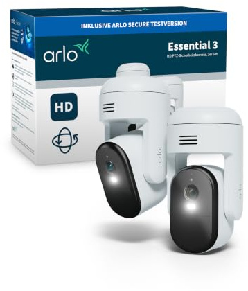 Arlo Essential 3 HD PTZ Überwachungskamera Aussen, WLAN, 2-Kamera-Set | 360° Schwenkbar, Farb-Nachtsicht, KI-Erkennung, Sirene, 2-Wege-Audio, Alexa-kompatibel, Arlo Secure Testzeitraum